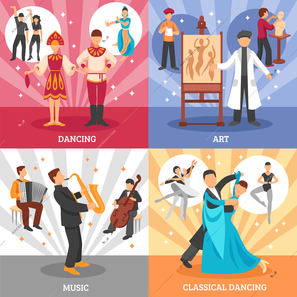 Artist people concept icons set with dancing and music symbols flat isolated vector illustration