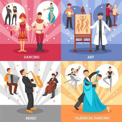 Artist people concept icons set with dancing and music symbols flat isolated vector illustration