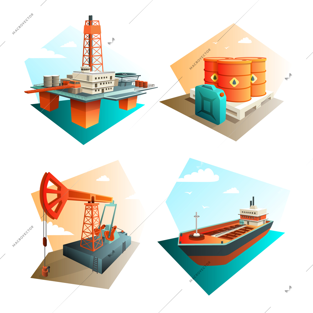 Petroleum industry 4 isometric icons square with extraction refining and transportation oil fuel gasoline isolated vector illustration