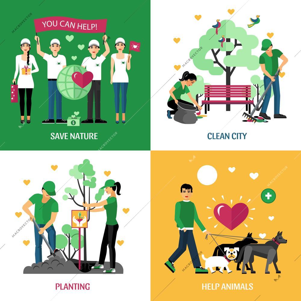 Volunteers 2x2 design concept set of help animals planting clean city and save nature action compositions flat vector illustration