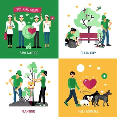 Volunteers 2x2 design concept set of help animals planting clean city and save nature action compositions flat vector illustration