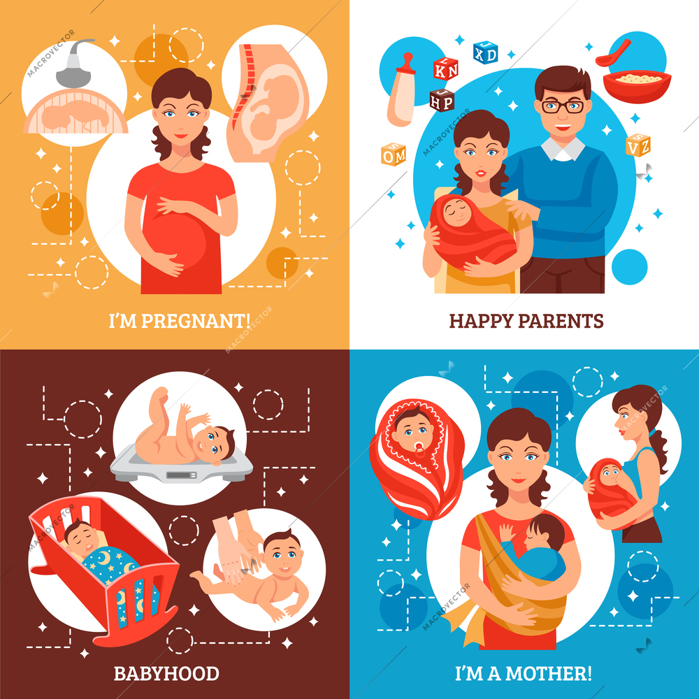Parents concept icons set with pregnancy and motherhood symbols flat isolated vector illustration