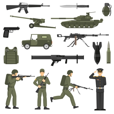 Army icons collection with military soldiers officers servicemen  ammunition weapon and machinery olive khaki abstract vector illustration