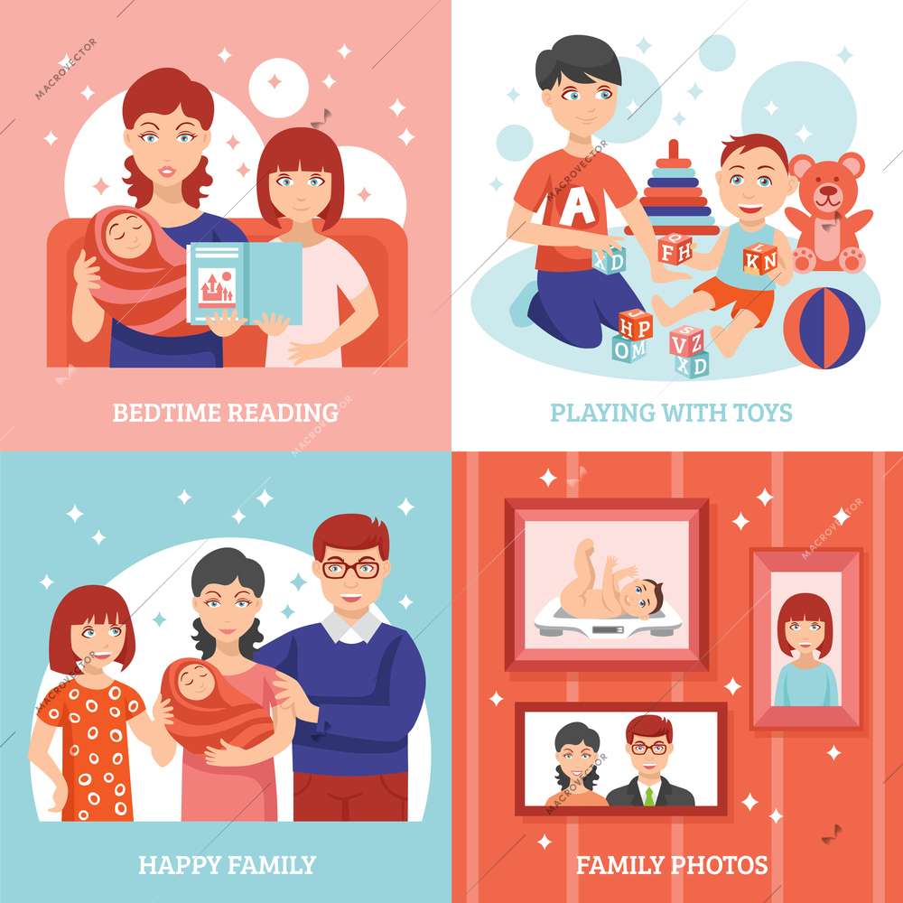 Family concept icons set with parents and children flat isolated vector illustration