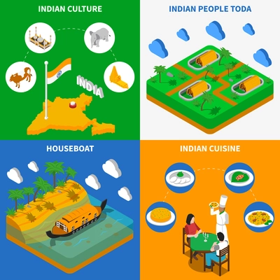 Indian culture cuisine houseboat and toda tribe settlement 4 isometric icons square poster abstract isolated vector illustration