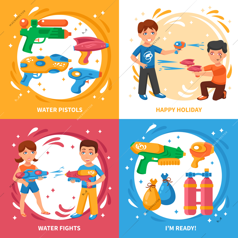 Water pistols concept icons set with water fights and happy holiday symbols flat isolated vector illustration