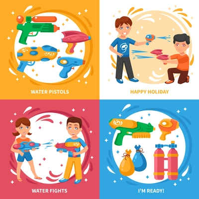 Water pistols concept icons set with water fights and happy holiday symbols flat isolated vector illustration