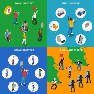 Peaceful social and political protests rallies and riots 4 isometric icons square poster abstract isolated vector illustration