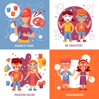 Children With Painted Faces Concept. Party With Greasepaint Vector Illustration. Painted Faces Flat Icons Set. Greasepaint For Kids Design Set. Makeup For Children Isolated Elements.