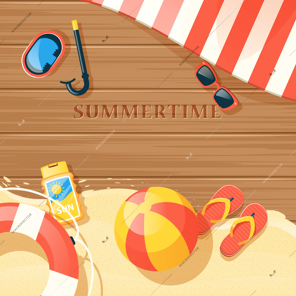 Beach equipment with sand and summer time symbols flat vector illustration