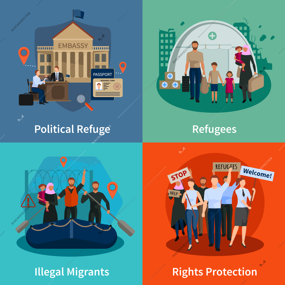 Stateless refugees  2x2 design concept set of political refuge illegal immigrants rights protection meeting flat compositions  vector illustration