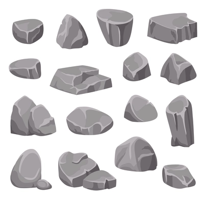 Rocks and stones flat isolated elements different shapes and shades of gray on white background isometric vector illustration