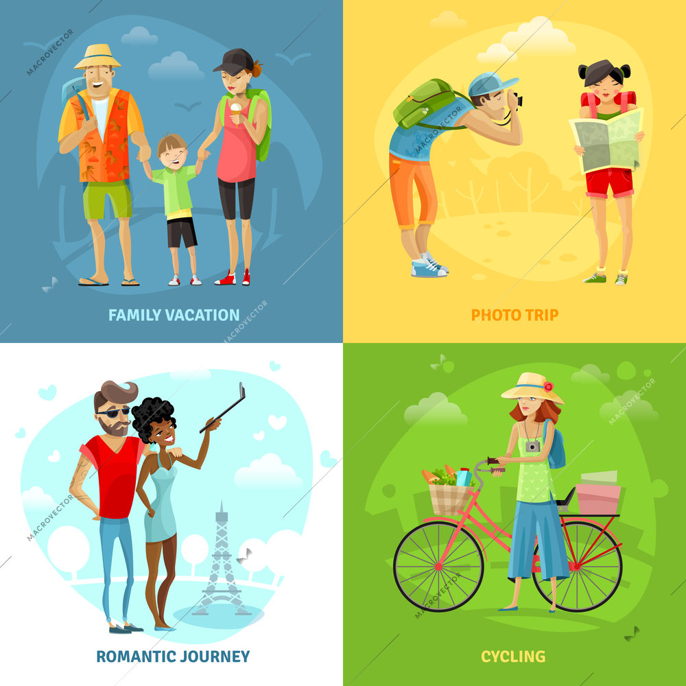 Traveling concept icons set with photo trip and romantic journey symbols cartoon isolated vector illustration