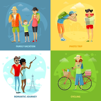 Traveling concept icons set with photo trip and romantic journey symbols cartoon isolated vector illustration