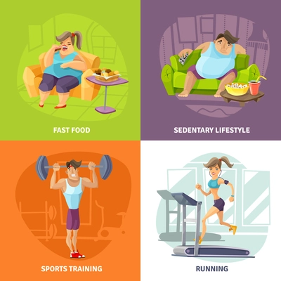 Obesity and health concept icons set with sedentary lifestyle and sports training symbols cartoon isolated vector illustration