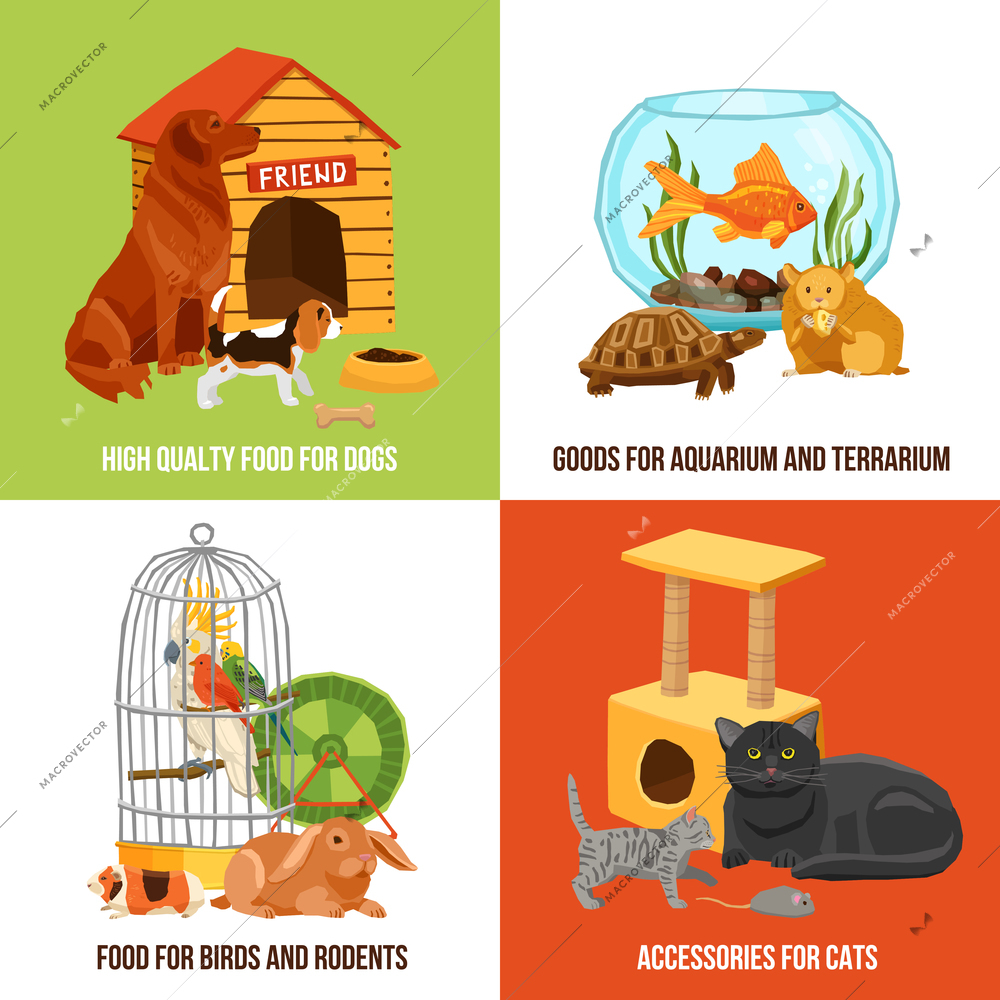 Home pets 2x2 design concept set of high quality food and accessories for dogs cats birds and rodents vector illustration