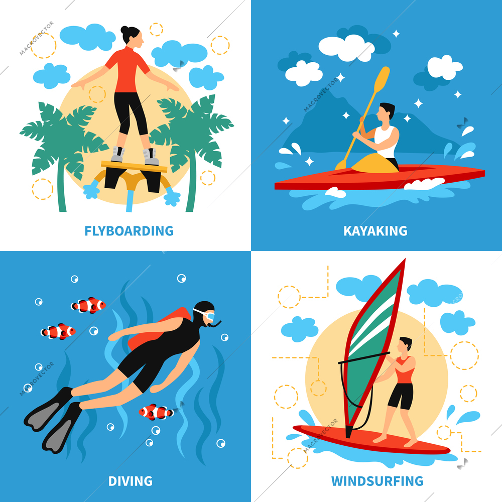 Water Sport Concept. Water Sport Vector Illustration.Water Sport  Flat Icons Set. Water Sport Design Set.Water Sport  Isolated Elements.