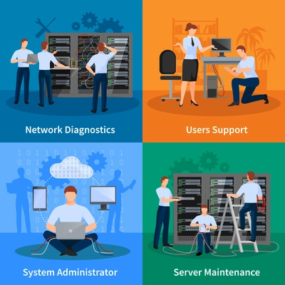 Network engineer and it administrator 2x2 design concept set of network diagnostics users support and server maintenance elements vector illustration