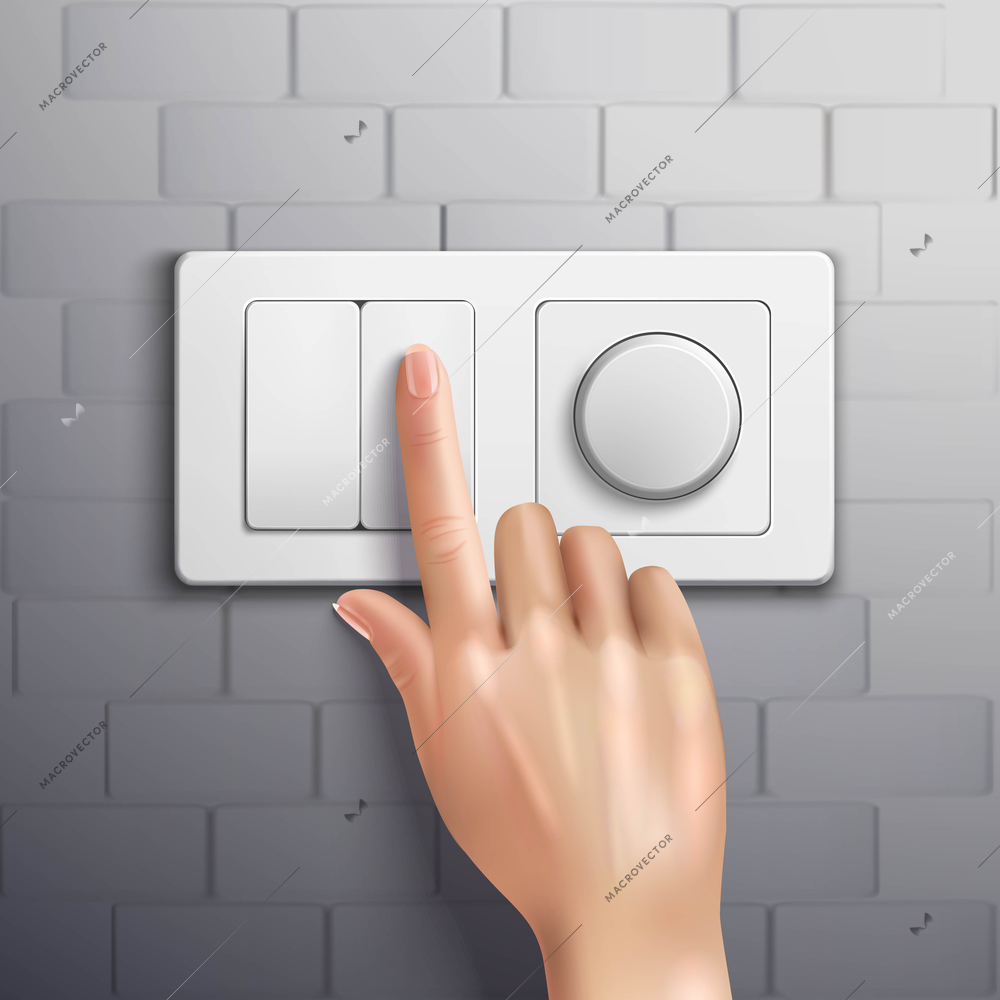 Realistic hand pressing switch with forefinger on grey brick wall vector illustration