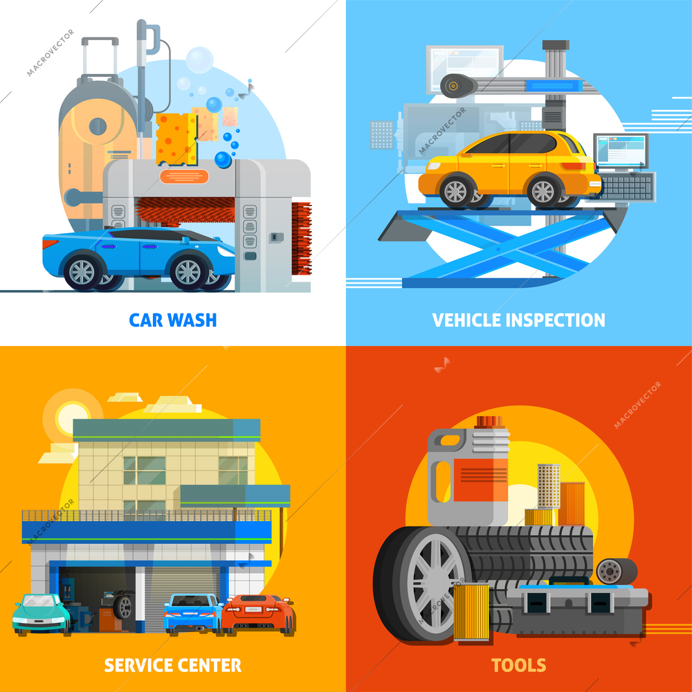 Auto service 2x2 design concept set of car wash vehicle inspection service center and tools for repair flat vector illustration