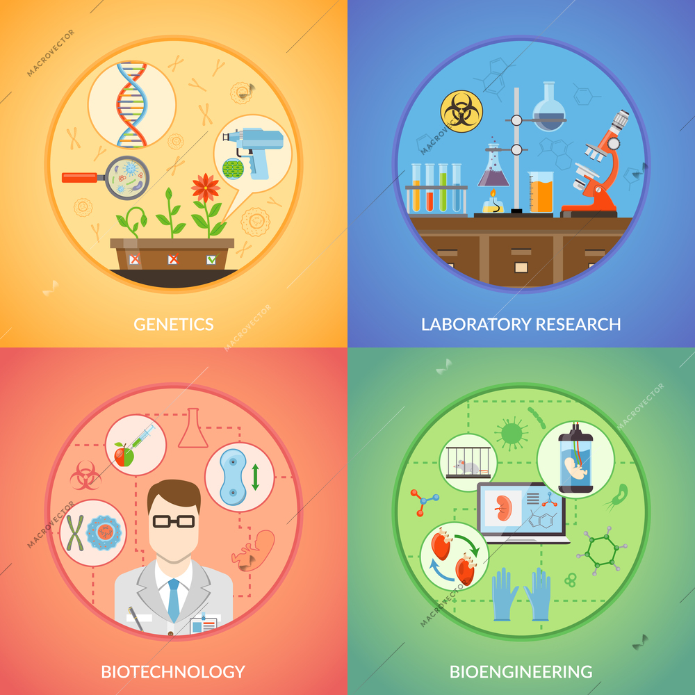 Biotechnology 2x2 design concept set of genetics bioengineering and laboratory research icons collection flat vector illustration