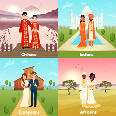 Multicultural wedding 2x2 design concept with chinese indian european and african couples flat vector illustration