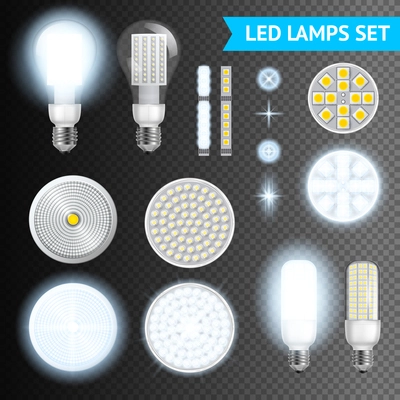 Realistic turned on and off led lamps and lights effects of different size and shape set isolated on transparent background realistic vector illustration