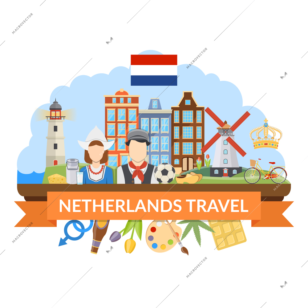 Flat design netherlands travel composition with various dutch symbols traditional costumes cuisine and architecture on white background vector illustration