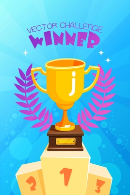 Vector challenge winner golden trophy with symbolic olive leaves prize on podium with blue bubbles background abstract illustration