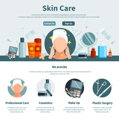 Skin care one flat page for web design with contact information professional and make up cosmetics circle icons vector illustration