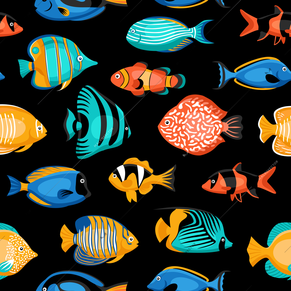 Exotic tropical fish seamless pattern with bright species flat isolated vector illustration