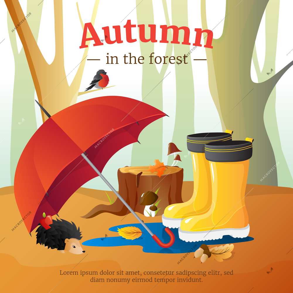 Autumn in forest poster with red umbrella wellingtons and hedgehog with trees trunks background cartoon vector illustration