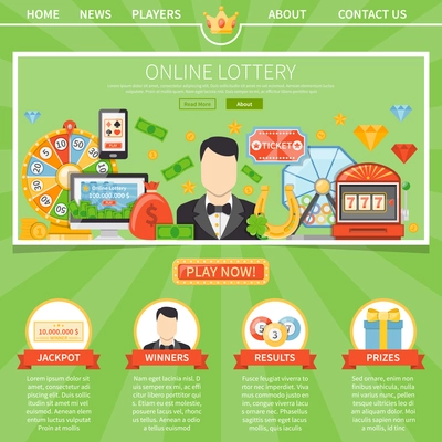 Online lottery one page advertising template for website with games description and manager  contact information flat vector illustration