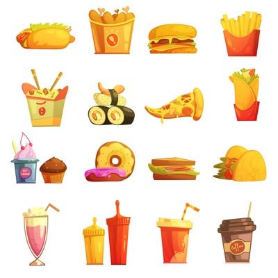 Fast food retro cartoon icons collection with hot dog sushi hamburger and donuts abstract isolated vector illustration