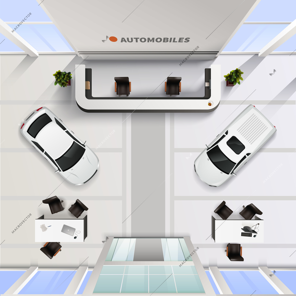 Isometric top view office interior of automobile salon with cars and tables for employees and clients realistic vector illustration