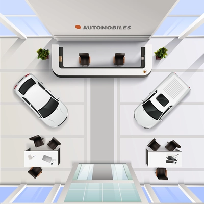 Isometric top view office interior of automobile salon with cars and tables for employees and clients realistic vector illustration