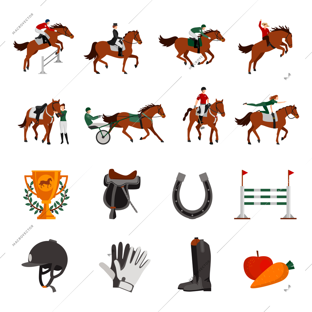 Horse rising sport flat color icons with rider on horseback jockey in carriage horseshoe fence prize images isolated vector illustration