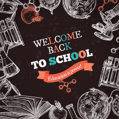 Welcome back to school education hand drawn sketch chalkboard poster with tools for studying and colorful letters on textural background vector illustration