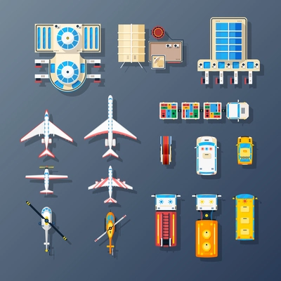 Airport buildings airfield parking area air transport and ground service facilities elements top view set isolated vector illustration