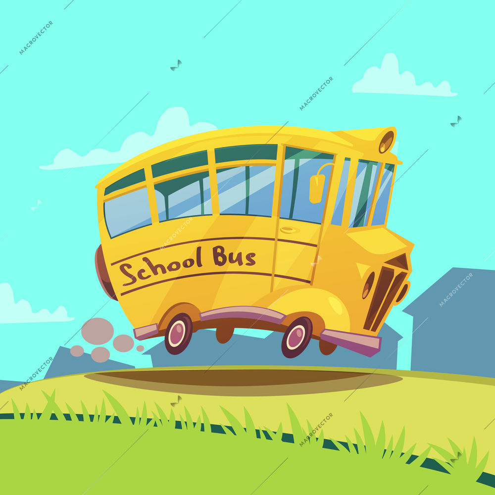 Cute retro yellow school bus on the road cartoon vector illustration