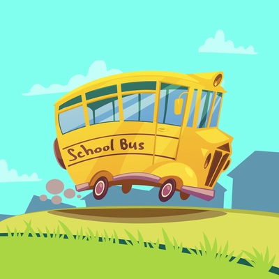 Cute retro yellow school bus on the road cartoon vector illustration