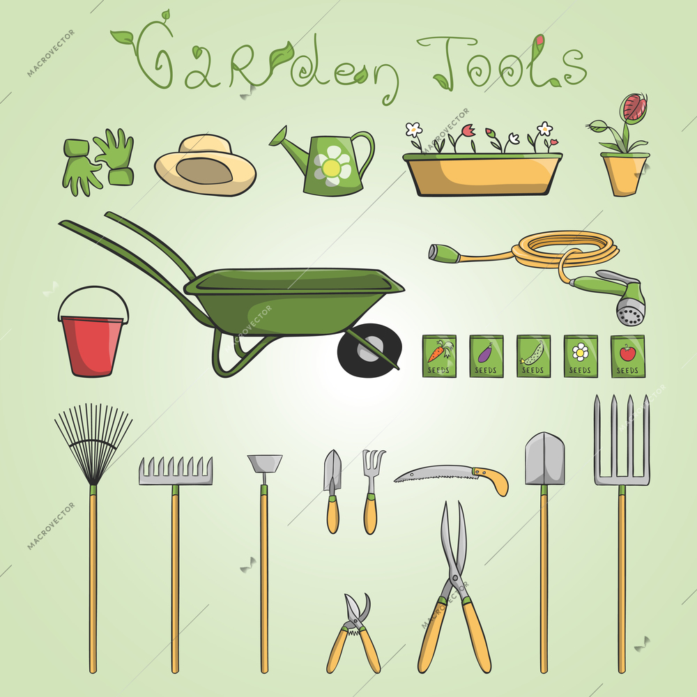 Collection of garden tools and accessories for cultivating vegetables and flowers cartoon vector illustration