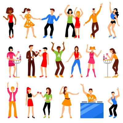 Dancing and drinking people at disco party icons set flat isolated vector illustration