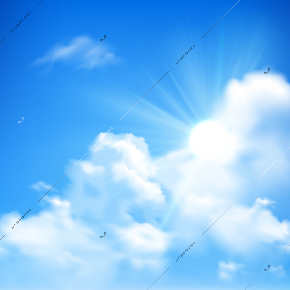 Bright sunbeams coming out of heap clouds in blue sky background cartoon vector illustration