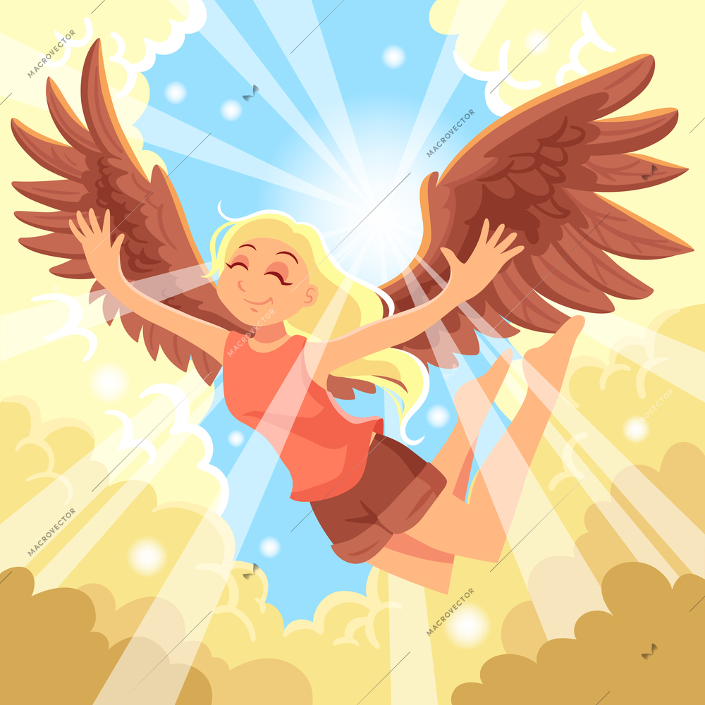 Freedom concept with flying girl sky sun and clouds flat vector illustration