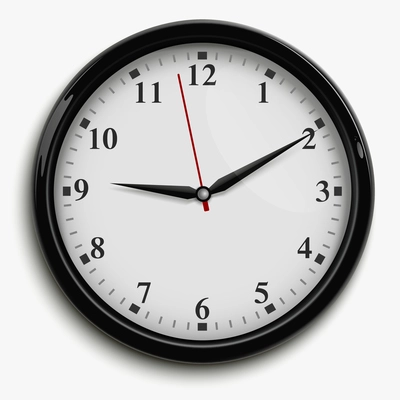 Wall office clock with black and red hands and white dial isolated on white background realistic vector illustration