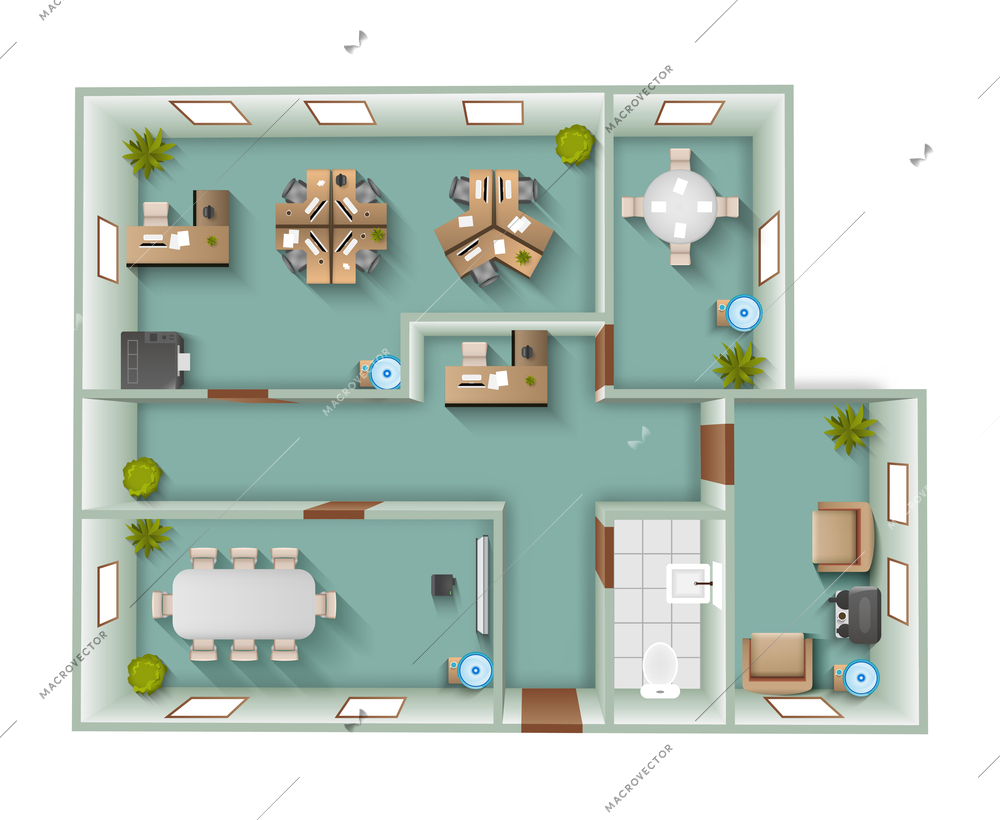 Office interior project top view plan with reception and working space vector illustration