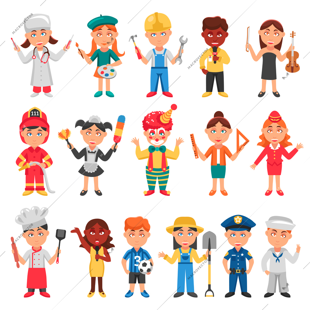 Kids and professions icons set with doctor teacher and policeman flat isolated vector illustration