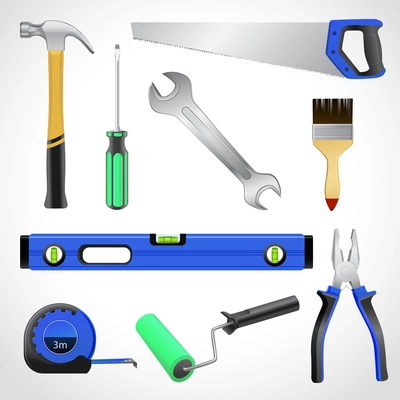 A collection of realistic house maintenance or repair carpenter tools isolated icons set of hammer saw pliers and wrench vector illustration