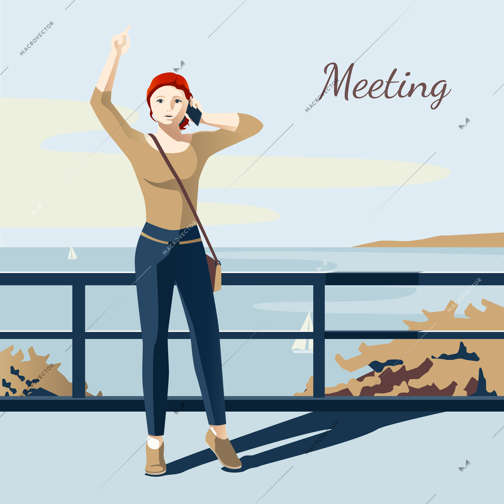 Girl talking on phone and meeting someone on bridge flat vector illustration